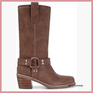 Faux Leather Mid Calf Boots Square Toe Block Heel Pull On Riding Boots